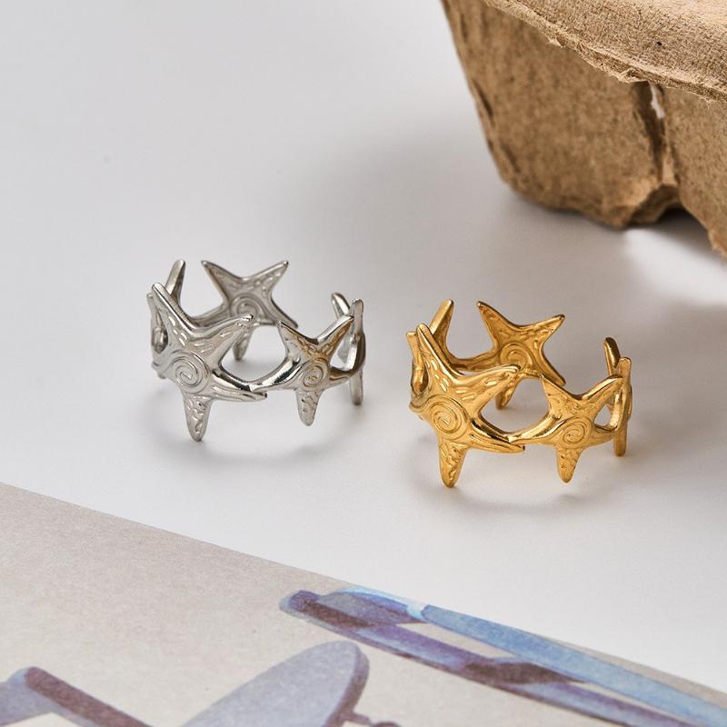 Vintage Stainless Steel Gold Color Starfish Spliced Open Ring for Women Fashion Vacation Style Holiday Jewelry Accessory Gift