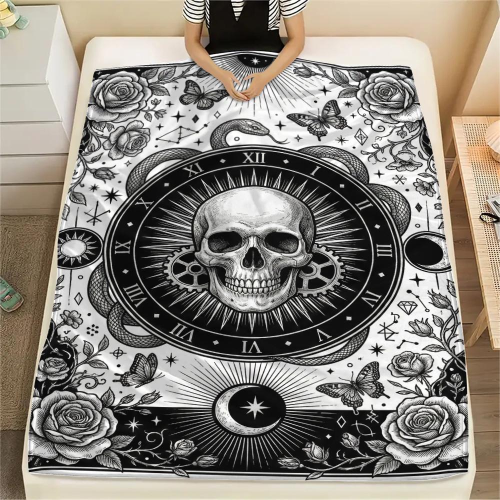 Skull Gothic Print Flannel Blanket, High Quality Comfortable for All Seasons, Home Decor, Warmth and Comfort, Perfect for Christmas Gifts102