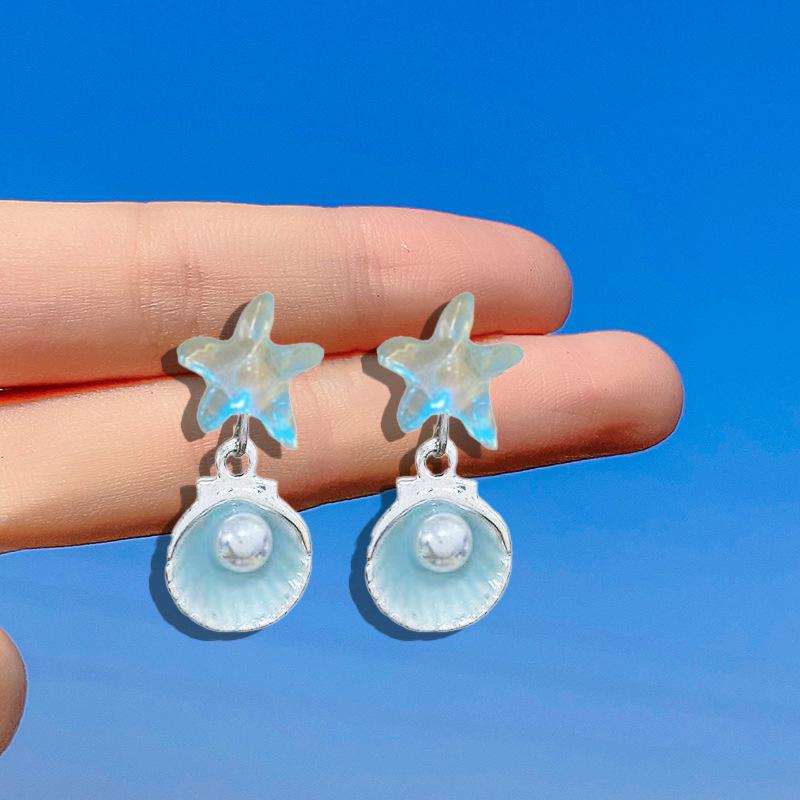 S925 Sterling Silver Blue Ocean Star  Pearl Stud Earrings - Versatile and Elegant