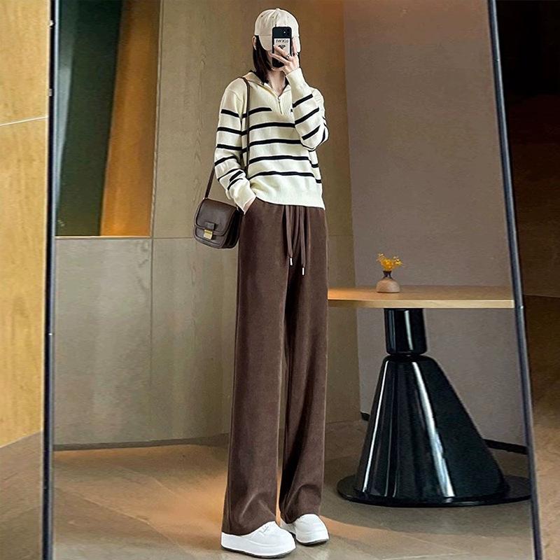 Women's Gray High-Waisted Wide-Leg Drawstring Pants - 2025 Autumn/Winter, Casual, Pear-Shaped Slimming, Hip-Covering.