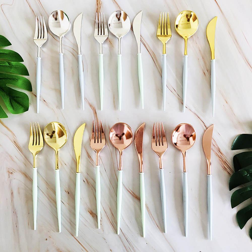24Pcs/Pack Rose Gold Knives Forks Spoons Set Tableware Colorful Gilt Plastic Food Grade Disposable For Birthday Party Cake Fruit Desserts Dinner