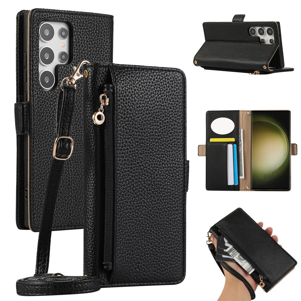 For Samsung Galaxy S23 Ultra Wallet Phone Case Shockproof TPU+PU Leather Flip Cover with Mirror,Strap