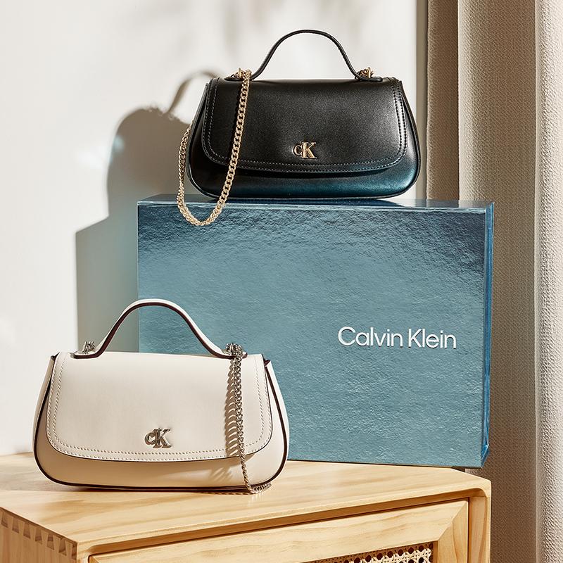 Calvin Klein Elegant Commuter Letter Shoulder Chain Mixed Material Tote Bag Small Women Handbags Lily-White 4F3282G-FUP