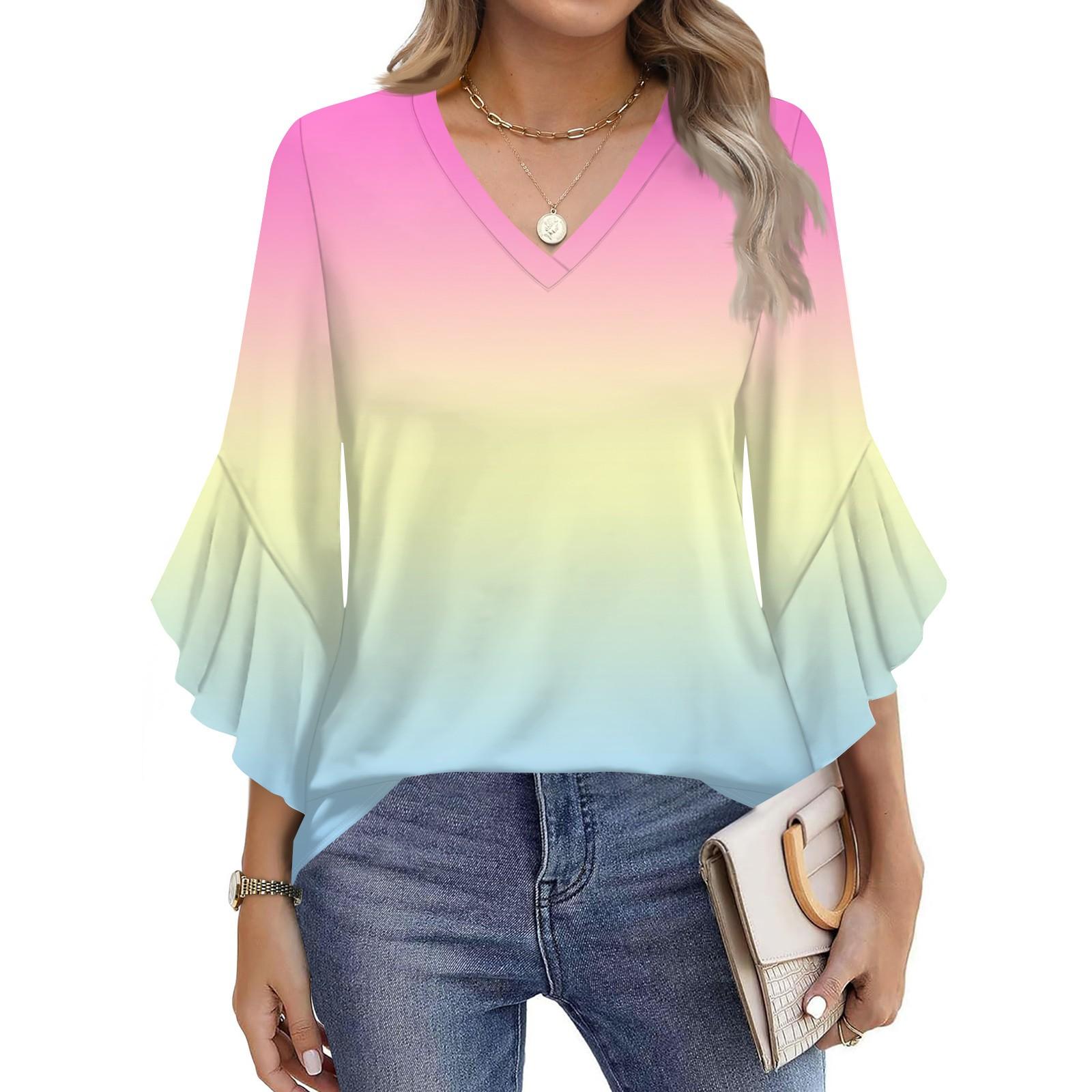 

Women s Fashion Casual Seven-minute Sleeve Gradient, Tie-dye Print Top V-neck T-shirt Flared Sleeve Shirt XL жовтий