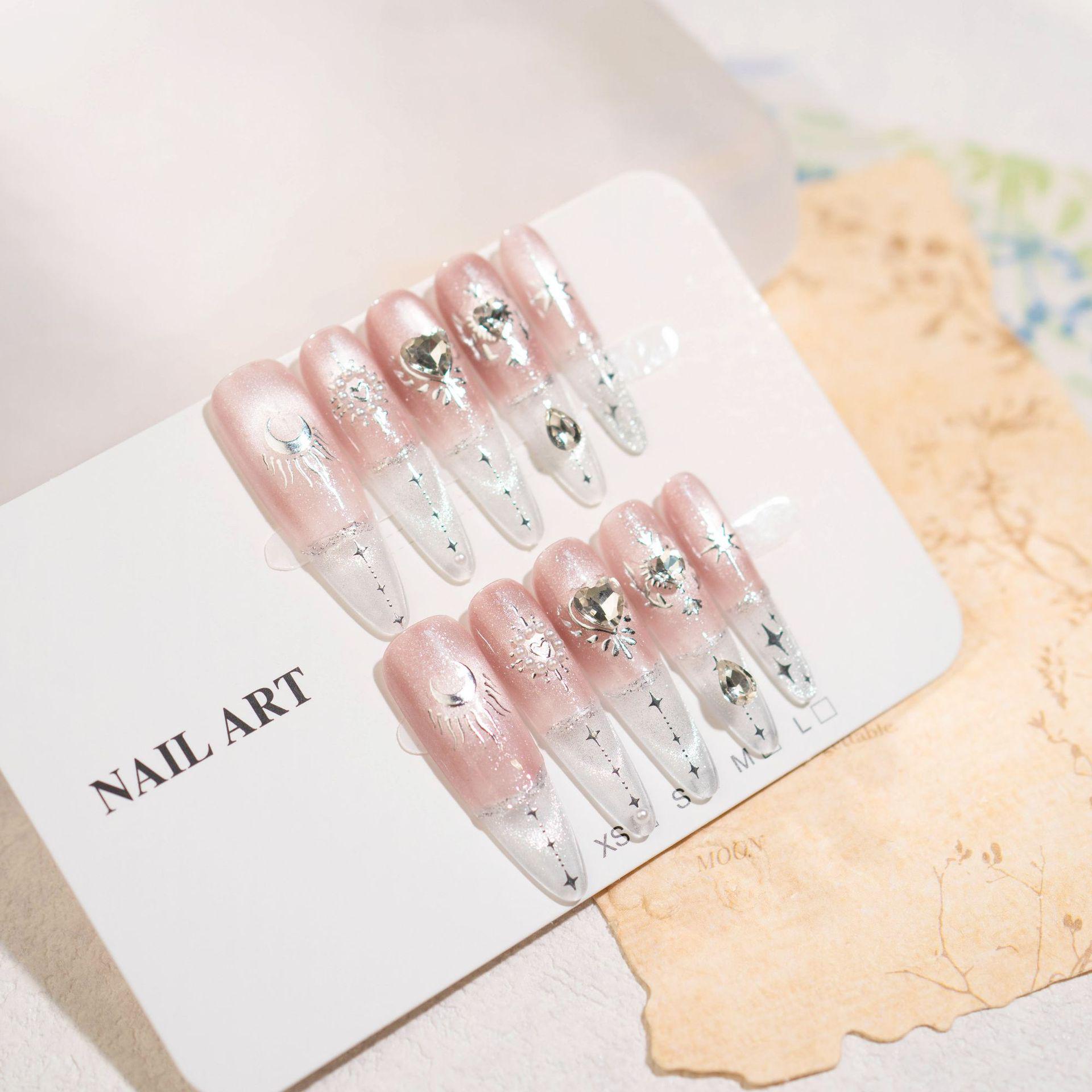 Exquisite Handmade Rhinestone Cat Eye Nail Stickers: Long Style, Star & Moon French Design