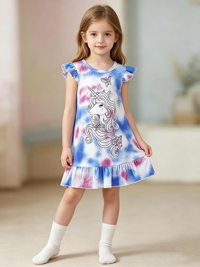 Little Girls Summer Dress, Cute Blue Unicorn Printed Soft Stretch Sleeveless Easter Dresses, Sundress for Kids 2-8 Year