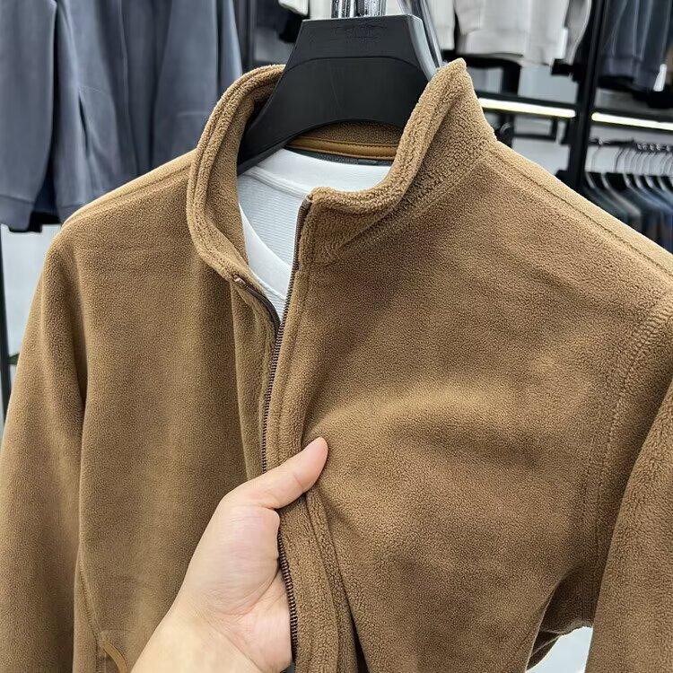 Autumn Polar Fleece Cardigan Sweatshirts Men's Stand Up Collar Zipper Jackets Y2K Vintage Solid Color Coats Basic Tracksuit