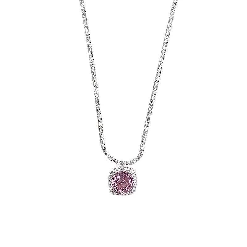 Elegant Pink Cubic Zirconia Pendant Necklace Silver Color Chain Exquisite Women Accessories Fashion Jewelry Party Birthday Gift
