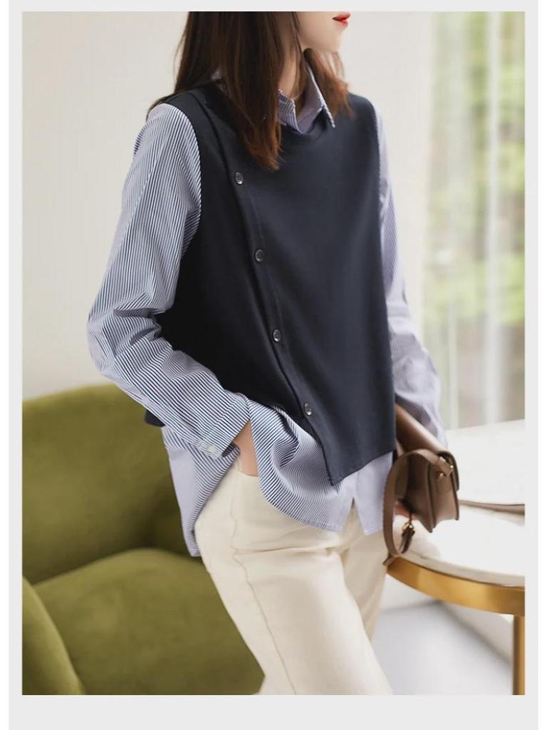 Women's Long Sleeve Striped Knitted Two-in-One Loose Top