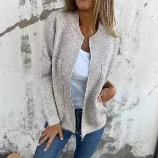Fall Spring Women Jacket Round Neck Solid Color Long Sleeves Zip-up Baseball Coat Loose Cardigan Daily Wear Outdoor Vacation Shopping Coat