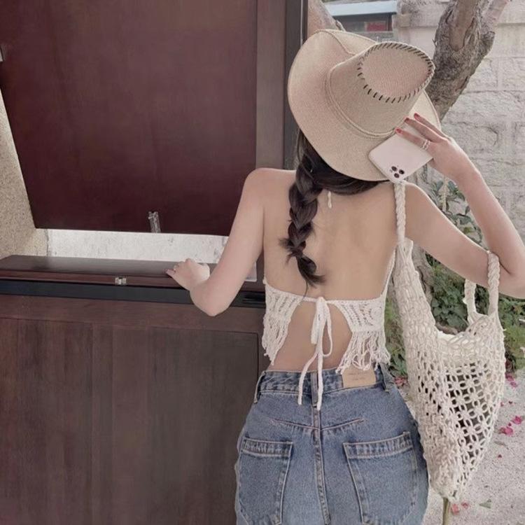 Seaside Fashion Sexy Suspender Vest Lace-up Knitted Beach Beauty Back Holiday Backless Tube Top Hollow Short Top