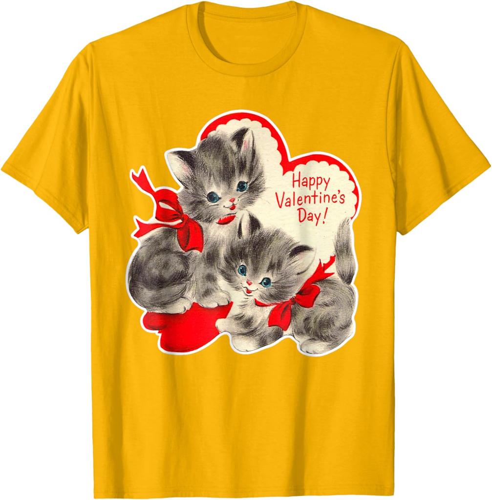 Vintage Kitten Valentine Graphic T-Shirt Retro Holiday Print Soft Cotton Casual Daily Tee