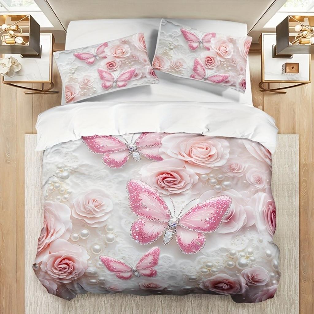 Floral Butterflies Bedding Set Princess Duvet Cover Set Quilt Cover With Pillowcase For Bedroom Decor Birthday Gift For Girls