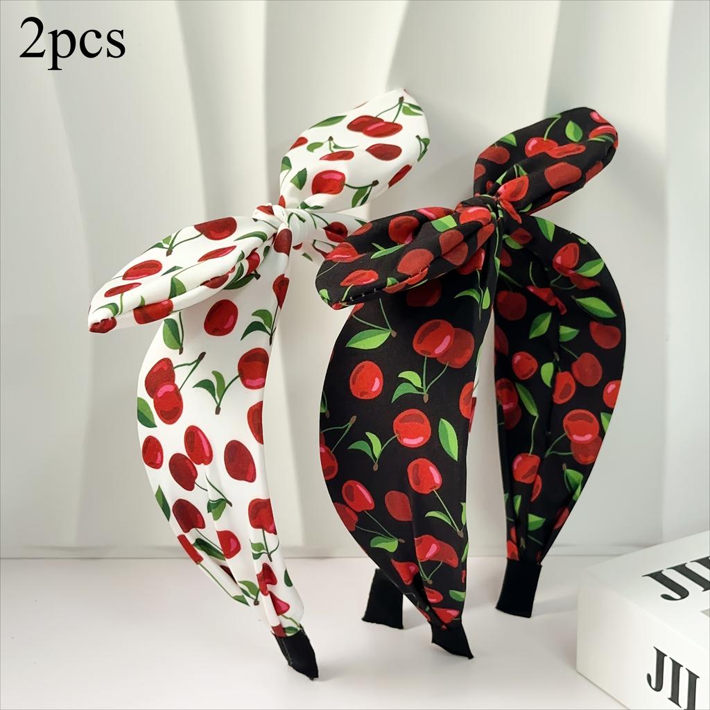 1/2pcs Elegant Sweet Multicolor Cherry Printed Wide Edge Tied Rabbit Ear Hairbands Hair Styling Tools for Volume Part Management