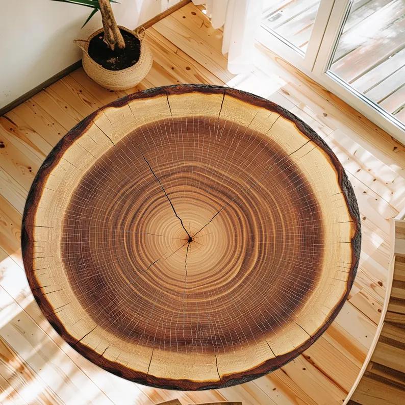 Natural Woodland Charm Tree Ring Pattern Round Rug Wood Log Floor Mat Trunk-Inspired Carpet Decorative Wood Crack Design Room