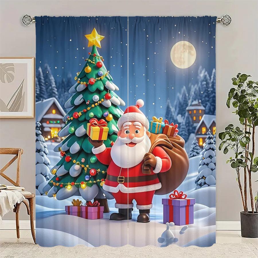 Set Of 2 Christmas Santa Claus Tree Pattern Printed Curtains Decorations Home Room Curtain Polyester Stylish
