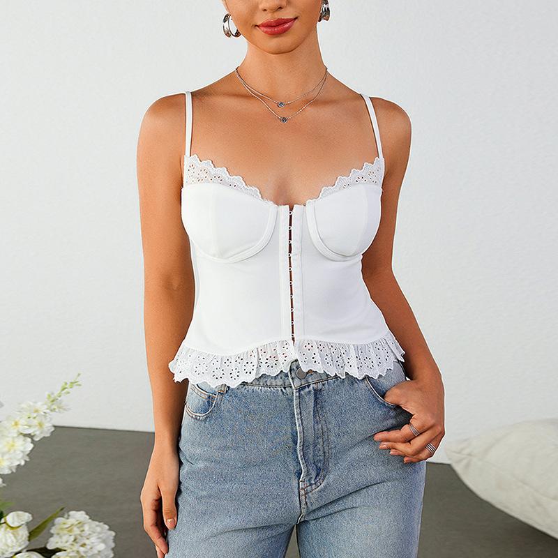 Embroidered hollow sling women's vest, European and American sexy backless front buckle spliced short sling top
