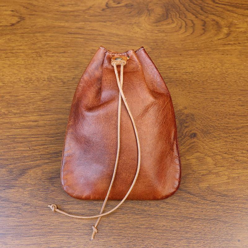 

European and American Retro Style Top Layer Cowhide Money Bag, Hand Polished Portable Coin Bag, Drawstring Pocket, Change Leather Bag, Stationery Bag