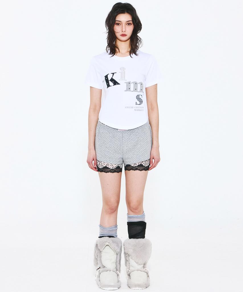 Kimseupeulesikoteunmakes Mesh Star Check Applique T-Shirt White