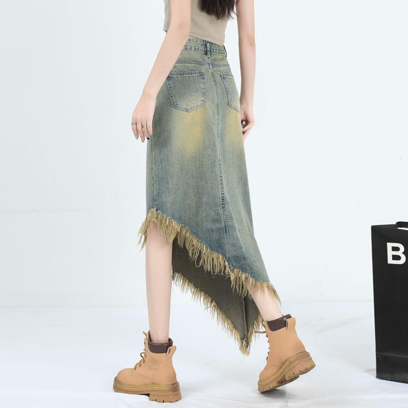 Tassel Raw Edge Women Midi Denim Skirt Spring Summer Korean Streetwear Fashion Irregular Distressed Straight A-line Skirt Shorts
