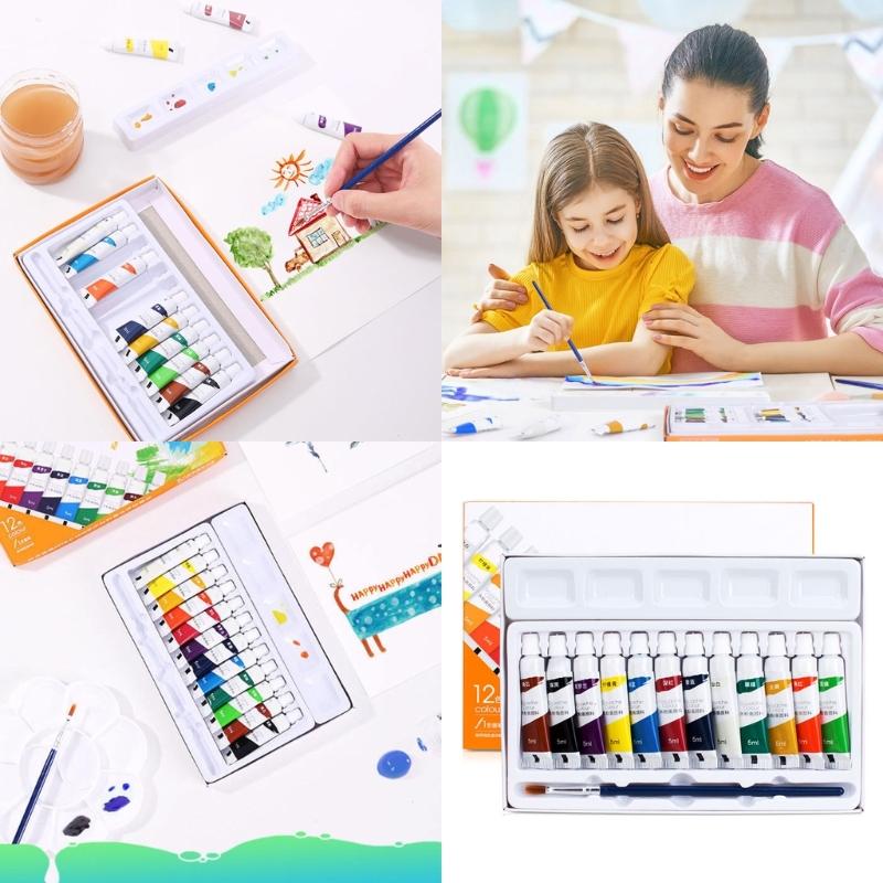 12Pcs Gouache Pigment Tubes 5ml/Tube Water-Based Paint with Paint Brush for Artist Beginner Painting Art Illustrations