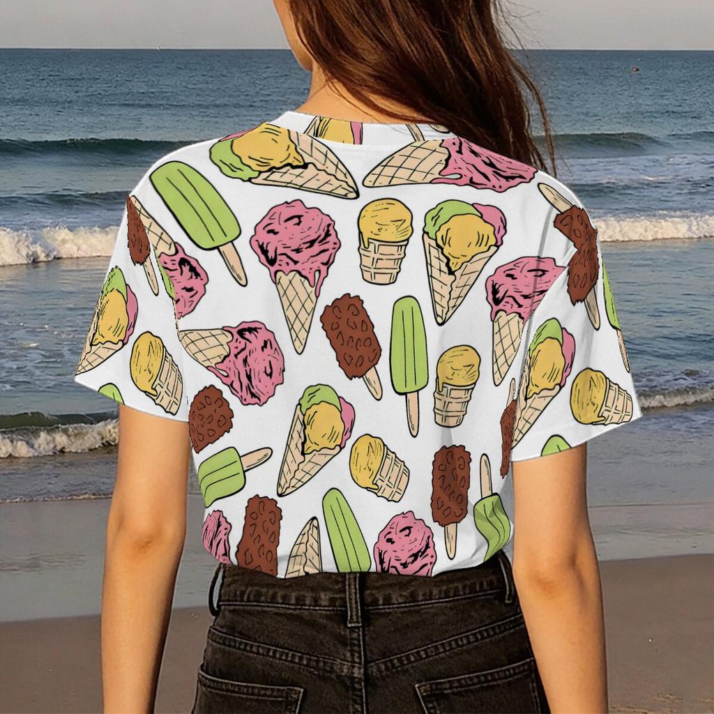 Simple and Personalized Ice Cream Printed Short Sleeved Round Neck T-shirt for Women's Summer Casual Versatile Daily Top