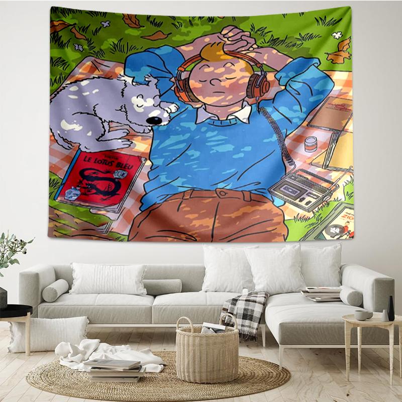Arazzo da Parete con Stampa Le Avventure di Tintin, Sfondo, Montaggio Facile, Ideale per Camera da Letto, Ufficio e Soggiorno, con Decorazione Estetica da Appendere alla Parete.