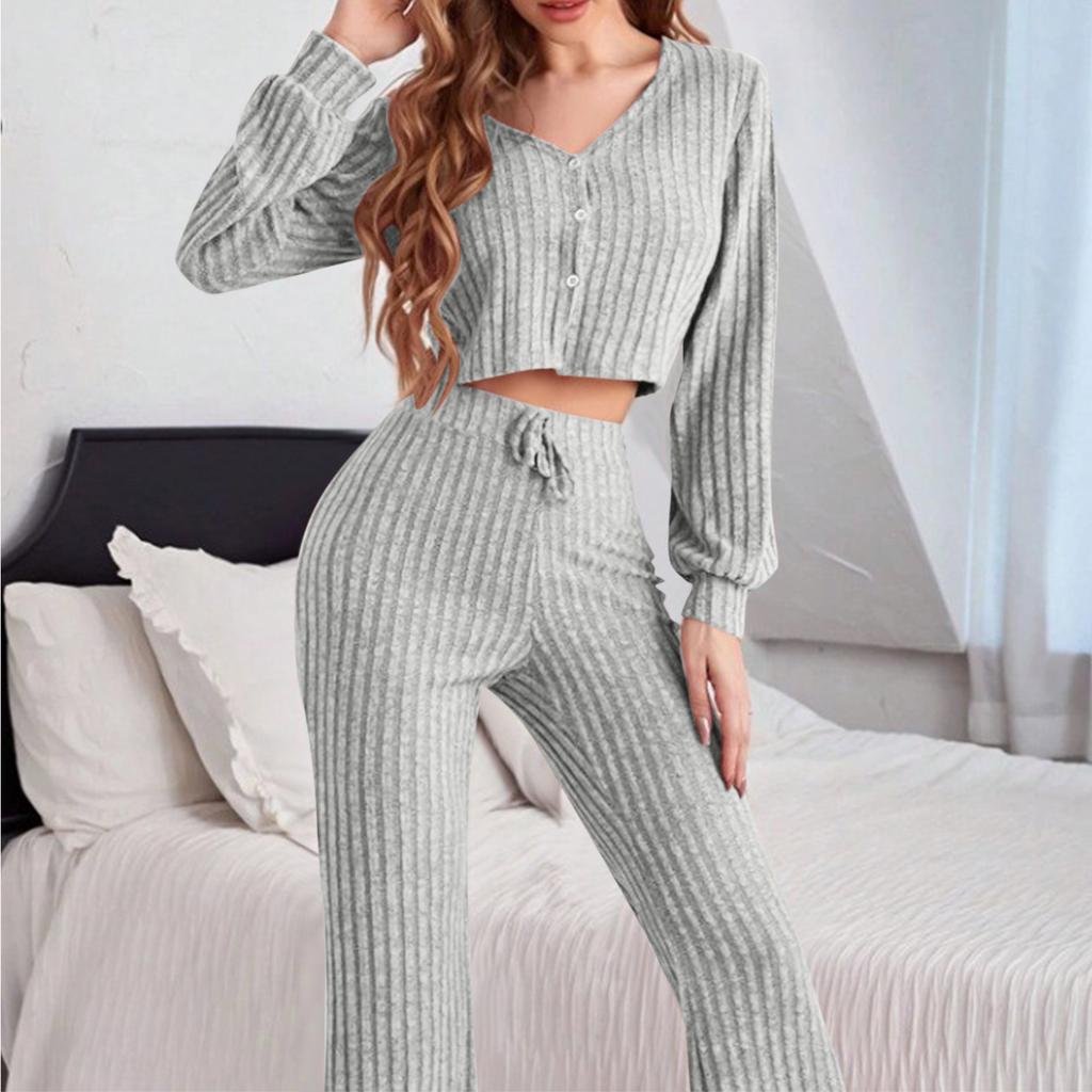 Women's V Neck Brushed Ribbed Set, Long Sleeve with Pants