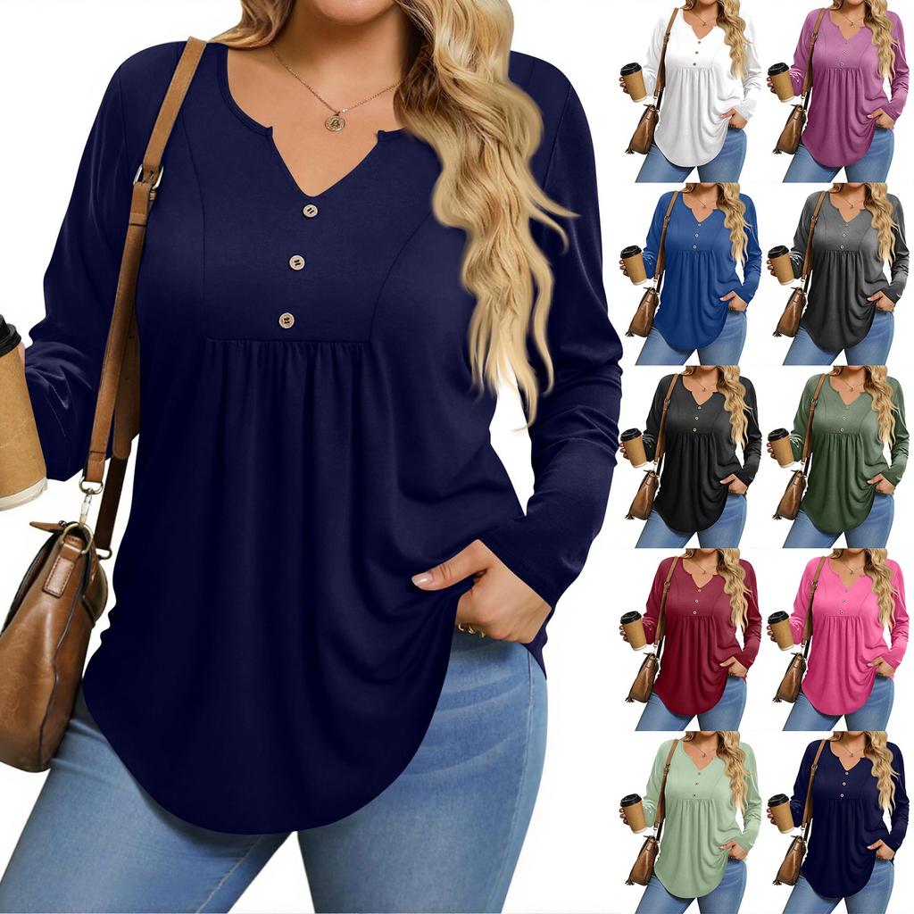Womens Plus Size Long Sleeve Shirts  V Neck Tunic Tops Basic Loose Fit Tee Tops