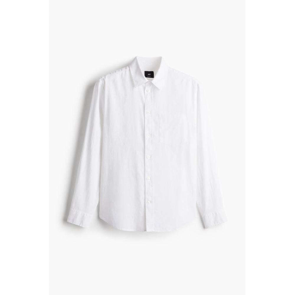 H M Regular Fit Linen Blend sHirt wHite