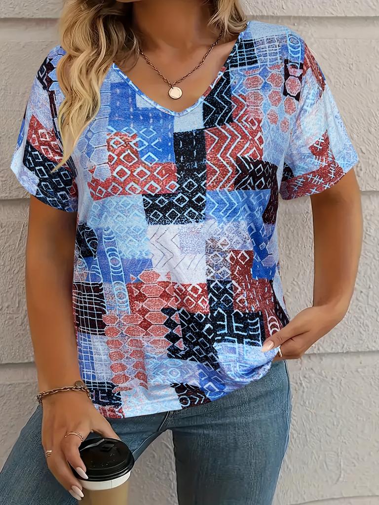 T-Shirt Damen Sommer Freizeit elegant schlicht V-Ausschnitt Kurzarm rotes Karomuster Oberteil locker lässige Kleidung Damen T-Shirt