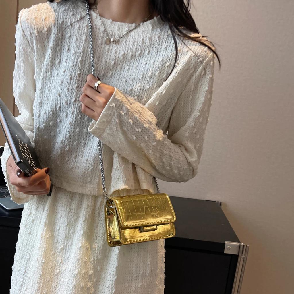 Mini Crossbody Shoulder Bag for Women Fashion PU Crocodile Texture Shoulder Bag with Chain Strap Magnetic for Daily Essentials