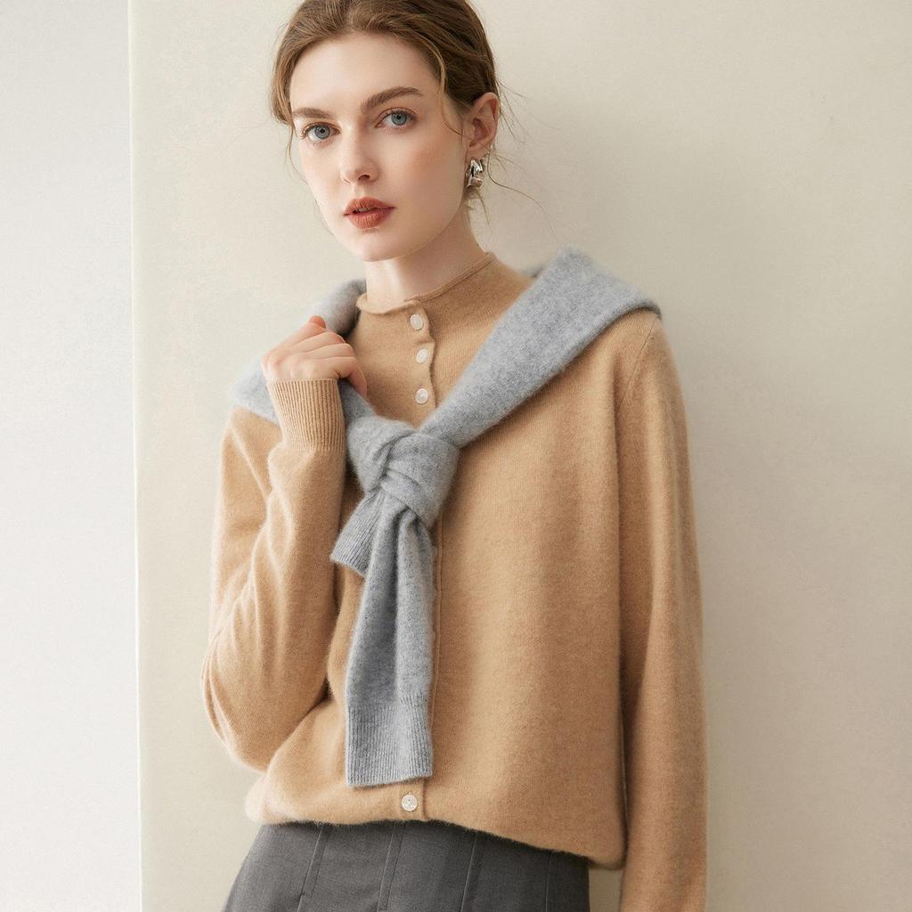 Women's Autumn/Winter 2026 Pure Cashmere Single-Breasted Cardigan - Half-High Neck, Rolled Edge, Gentle Style Base Layer