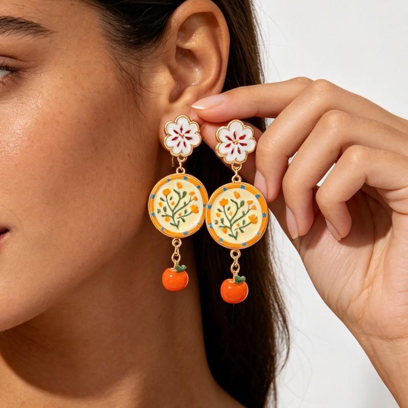 Cute Floral Orange Fruit Pendant Earrings Zinc Alloy Hand-Painted Fashion Jewelry Women