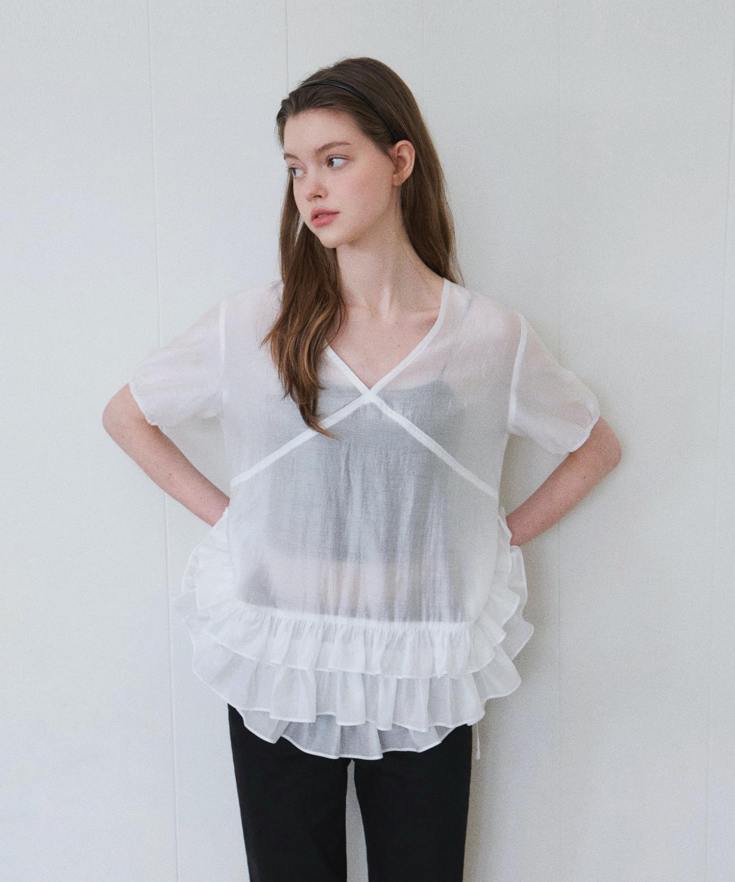 Hane Tencel Glow Sheer Frill Blouse_Milk Glow S
