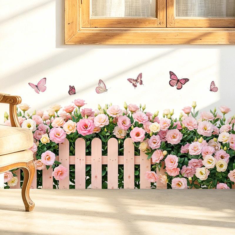 Eustoma Floral Butterfly Fence Wall Sticker Self Adhesive Removable Waterproof Kindergarten Classroom Hallway Corridor Border Decor