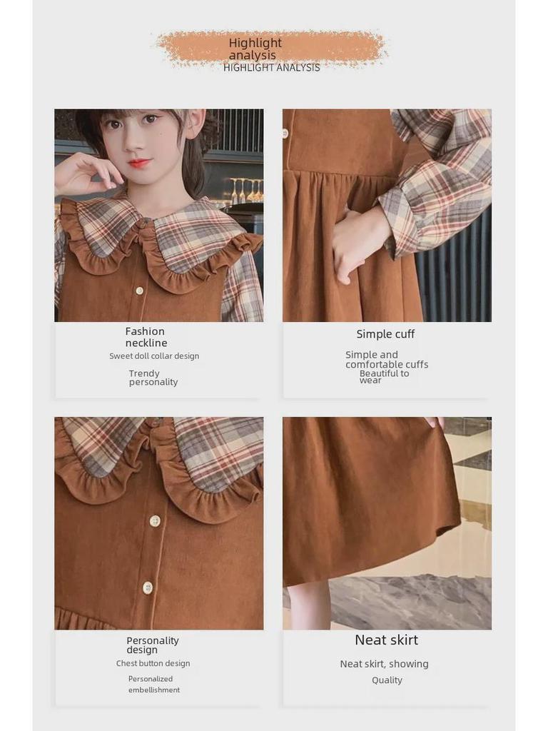 Girls' College Style Plaid Dress – Long-Sleeve, Two-Piece Look for Spring/Autumn
