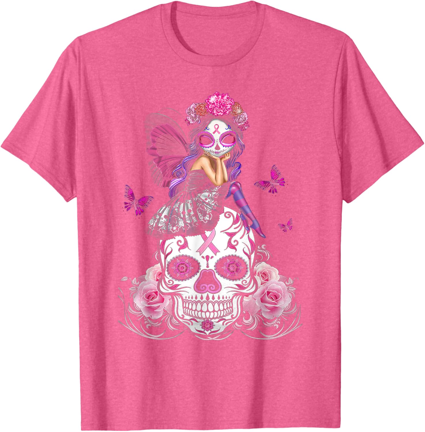 Sugar Skull  Breast Cancer Awareness Pink Ribbon Butterfly Graphic Tee S