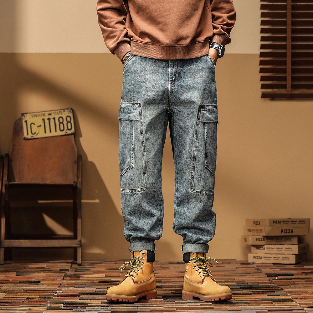 Heavy Trendy Tooling Jeans Men's Loose Big Pocket Micro-ha Casual Straight Pants Trendy Brand Retro Large Size Pants