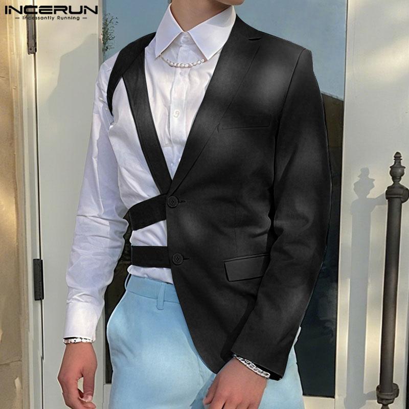 INCERUN Men One Shoulder Long Sleeve Button Cutout Bandage Blazer Irregular Coats