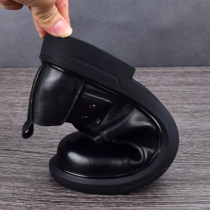Leather First-Layer Cowhide Men'S Shoes Black Round Head Leather Shoes Men'S Breathable Trendy Shoes Personalized Business Blue Big Head Shoes