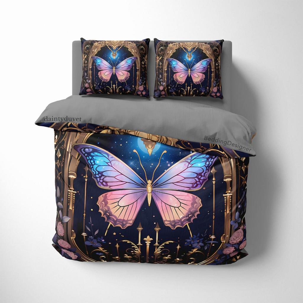 Blue Pink Monarch Butterfly Duvet Cover Dark Royalty Quilt Cover, Witchcore Blanket Cover Whimsigothic Bedding Set, Hippie Goth Bedspread