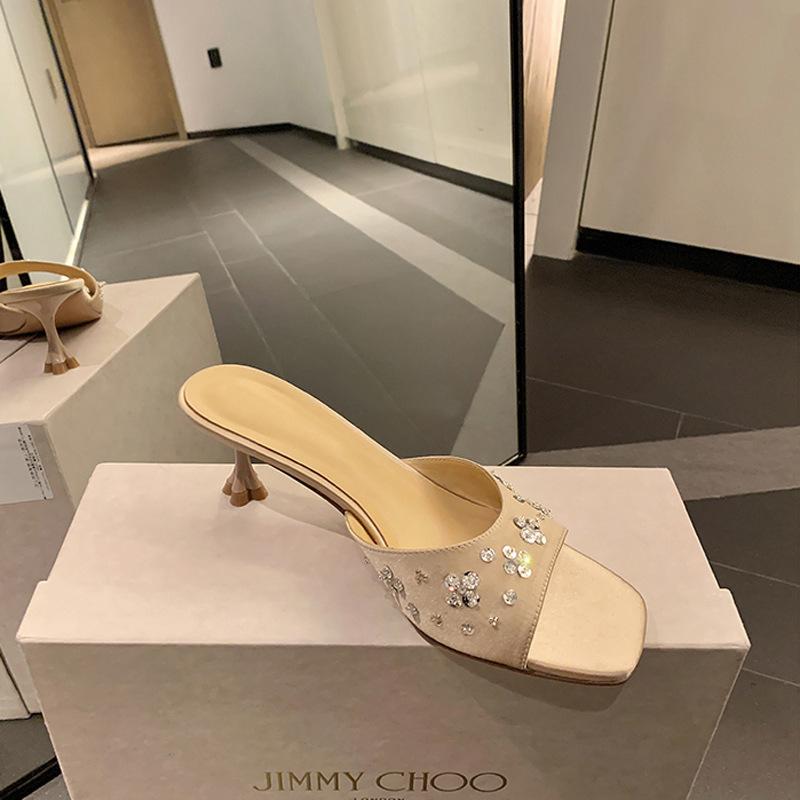 Spot second hair! Fashion versatile new square head petal rhinestone satin kitten and sandals women's slippers outer wear summer