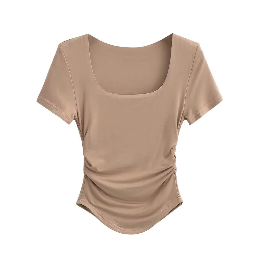 

Летняя облегающая плиссированная однотонная футболка с закругленным краем, эластичная обтягивающая двухслойная футболка с квадратным вырезом и короткими рукавами для женщин M хаки