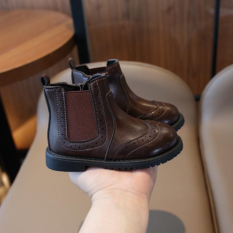Design Children Leather Shoes Spring Autumn Kids Ankle Boots Brogue Style Boys Girls Short Boots Brown, White, Black 26 коричневый