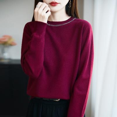 Pulover tricotat nou de toamnă și iarnă cu gât rotund, cu mâneci lungi, cu strasuri și fundițe, pulover larg, top strat de bază pentru femei