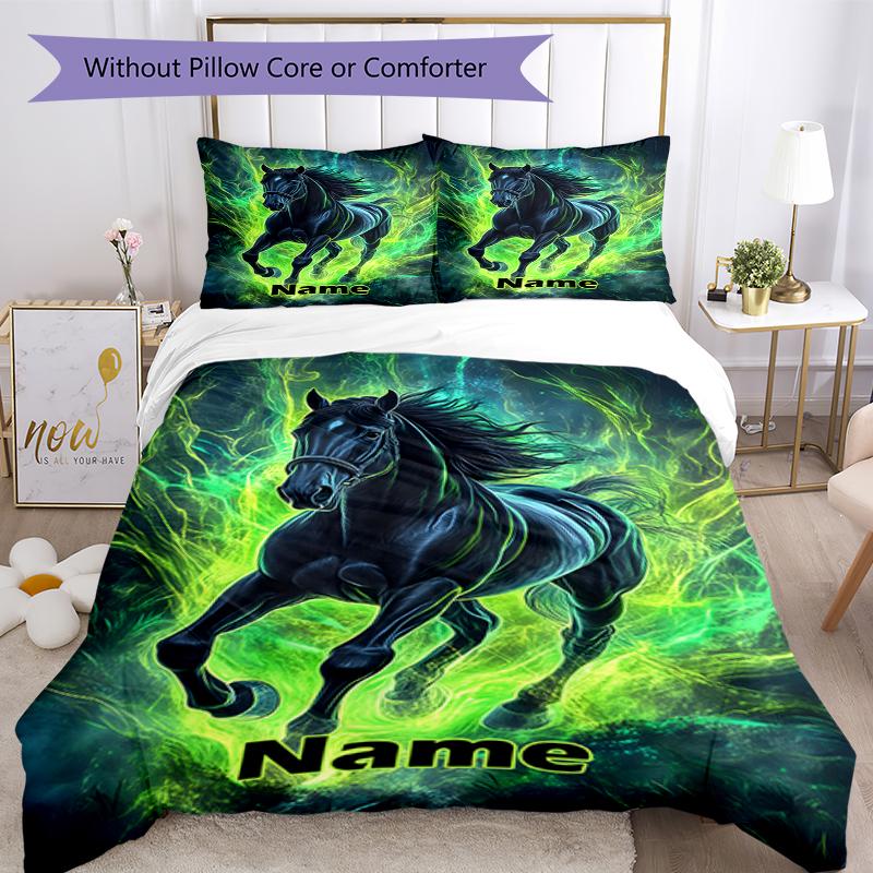 3pcs Custom Name Horse Bedding Set Duvet Cover Closure Includes 1 Duvet Cover & 2 Pillowcases, Soft and Comfortable for All Seasons.