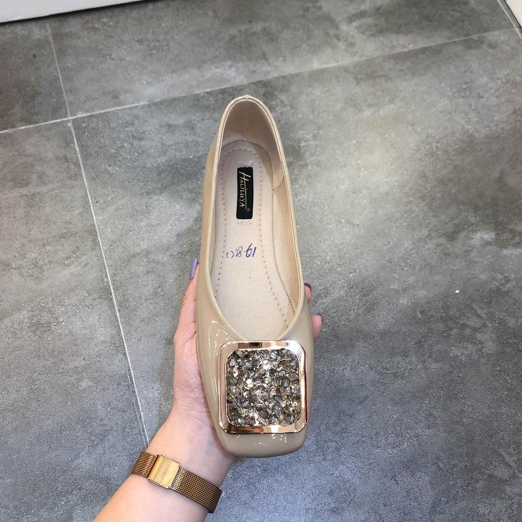 Fashion Flat Shoes for Women 2025 Spring and Autumn New Square Toe Patent Leather Rhinestone Ladies Shoes Women's Plus Size 42 43 44