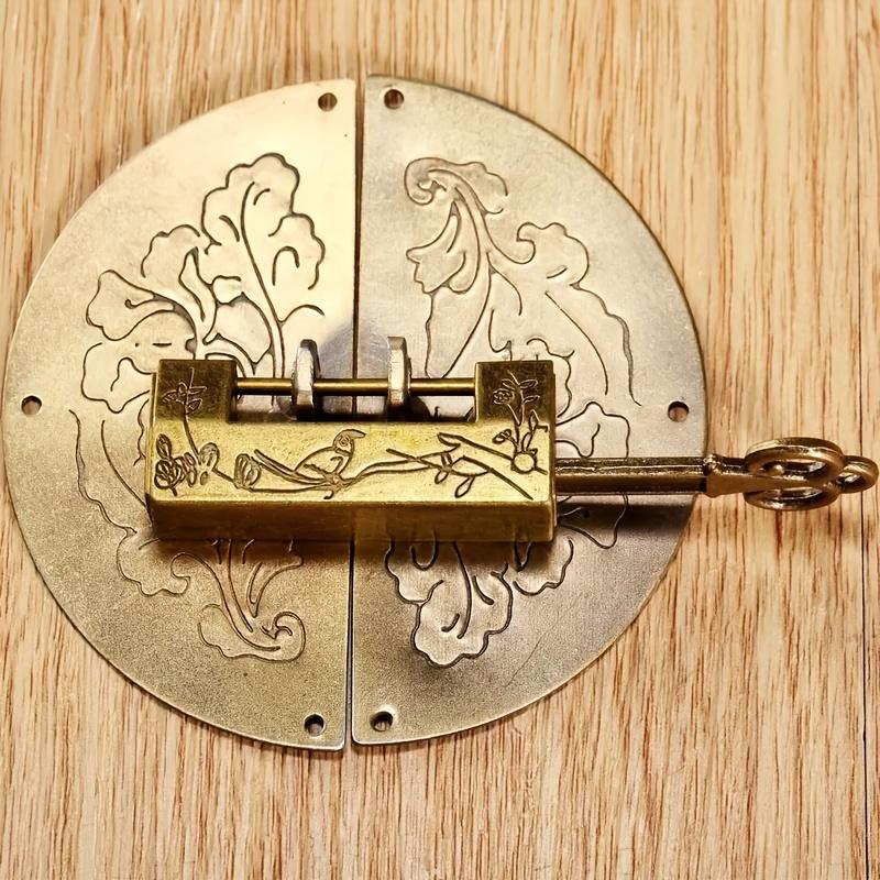 Fashion Accessories Crystal Jewelry Golden Carved Word Padlock Decorative Vintage Lock And Key Antique Chinese Padlock Lock Magpie Flower Old Lock For Small Wooden Box Furniture Cabinets Chest