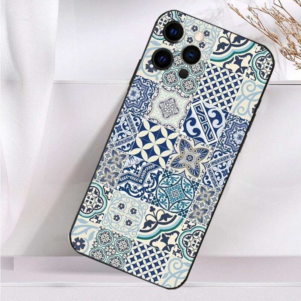 M-Moroccan Tile Phone Case For iPhone 16,15,14,13,12,11 Plus,Pro Max,XS,X,XR,SE,Mini,8,7 Soft Silicone Black Cover